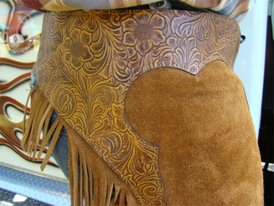 Western show chaps with tooled yokes